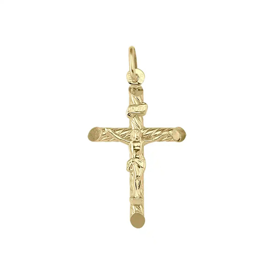 Textured Crucifix Yellow Gold Cross Pendant on white background