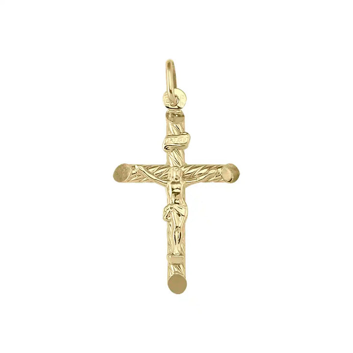 Textured Crucifix Yellow Gold Cross Pendant on white background