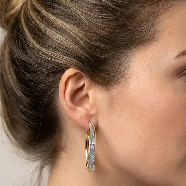 Two Tone Fancy Oval Hoop Earrings, 18.5mm - worn on ear