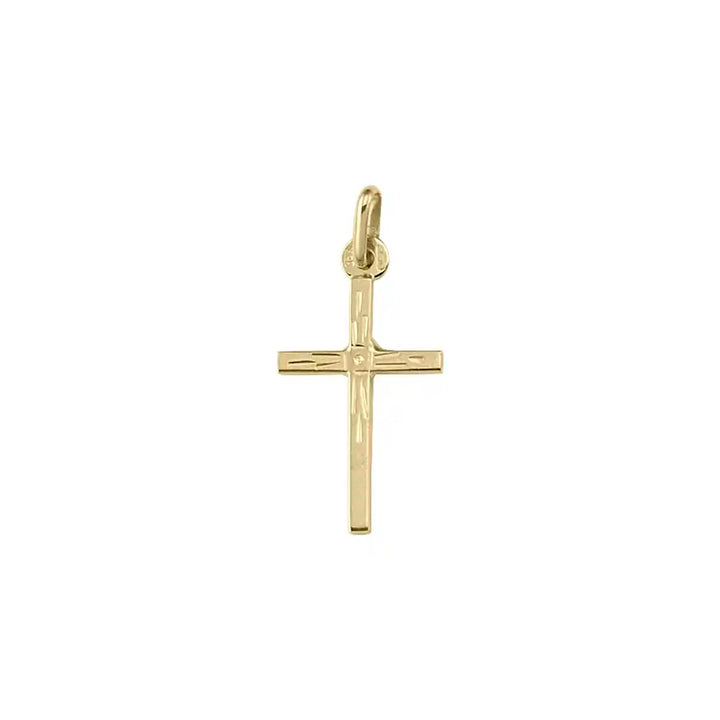 Engraved Latin Yellow Gold Cross Pendant on white background