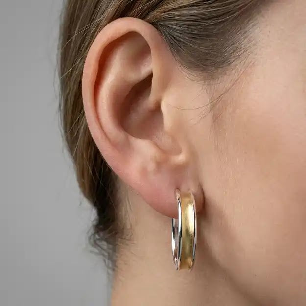 Two Tone Fancy Hoop Earrings, 23.4mm - worn on ear