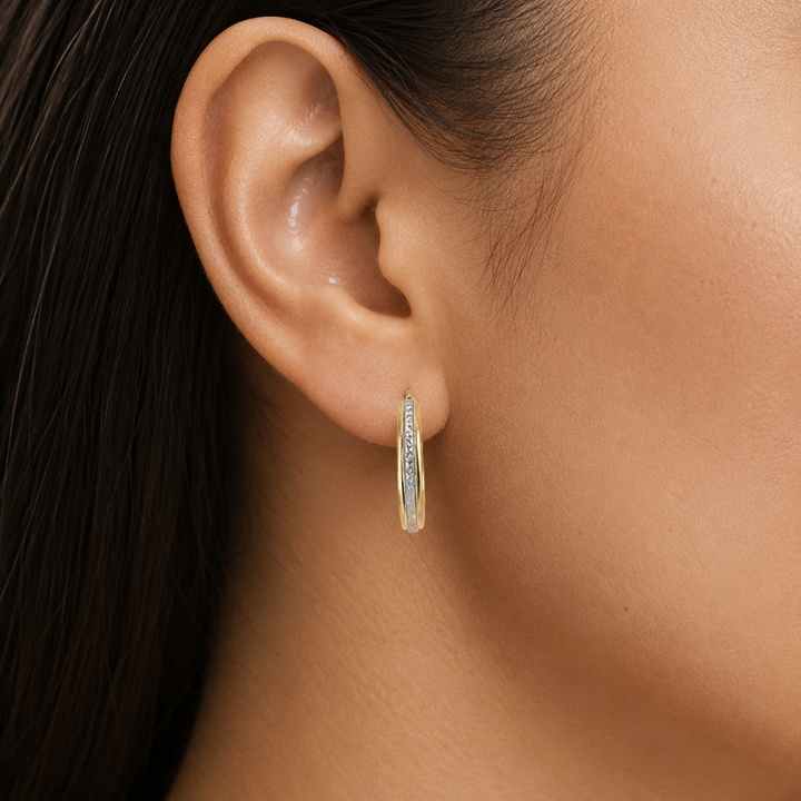 Two Tone Patterned Hoop Earrings, 20.8mm - worn on ear