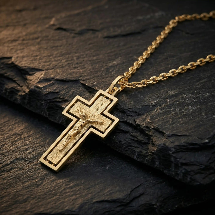 Latin Crucifix Yellow Gold Cross Pendant on stone