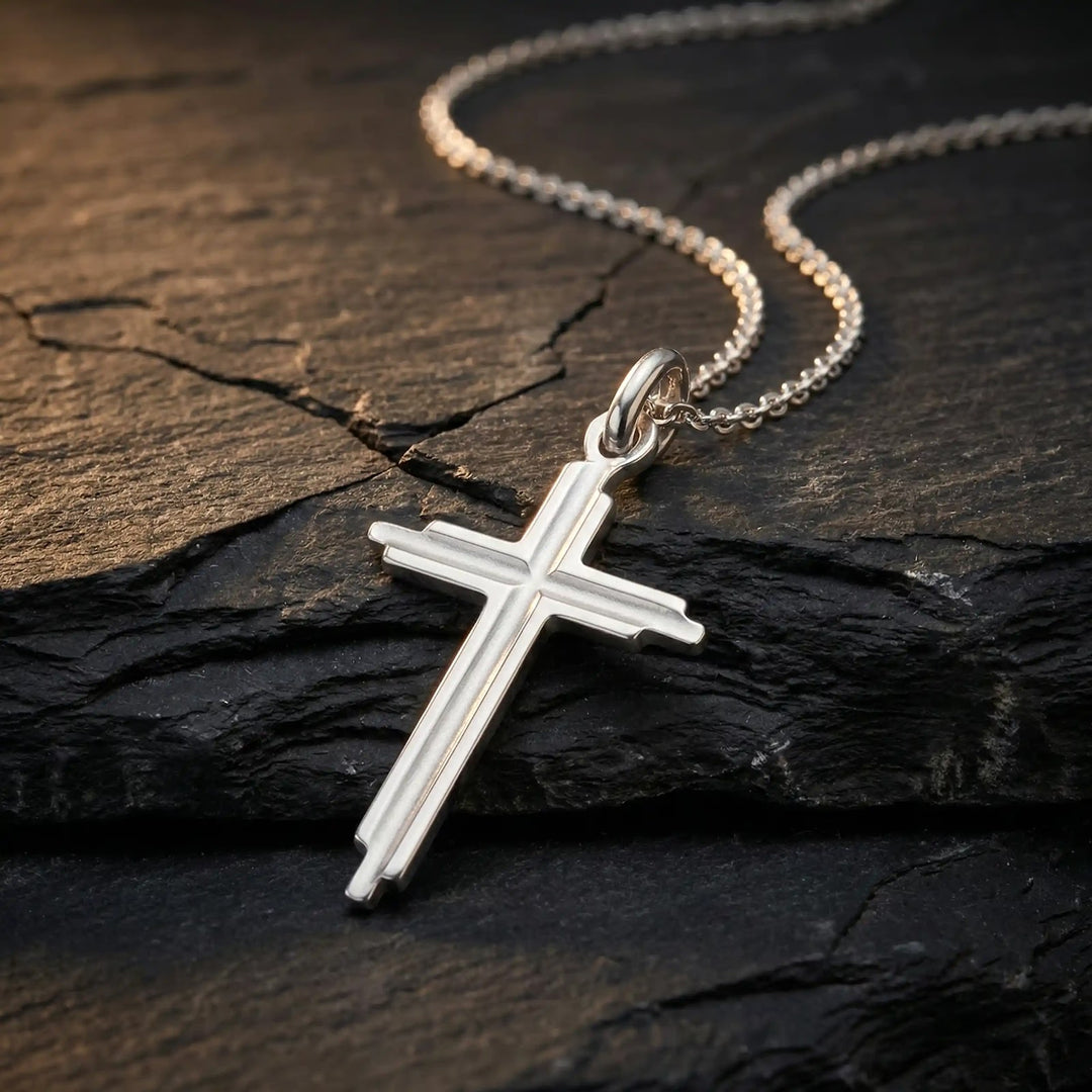 Stepped Latin White Gold Cross Pendant on stone