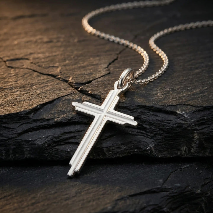 Stepped Latin White Gold Cross Pendant on stone