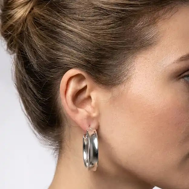 White Gold Hoop Earrings, 19mm - worn on ear