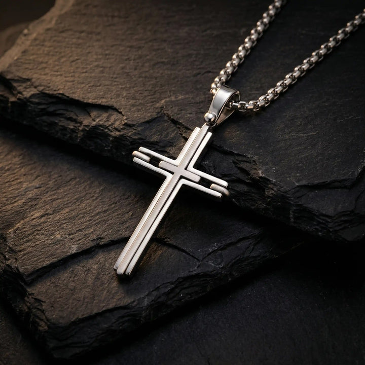 Layered Latin White Gold Cross Pendant on stone