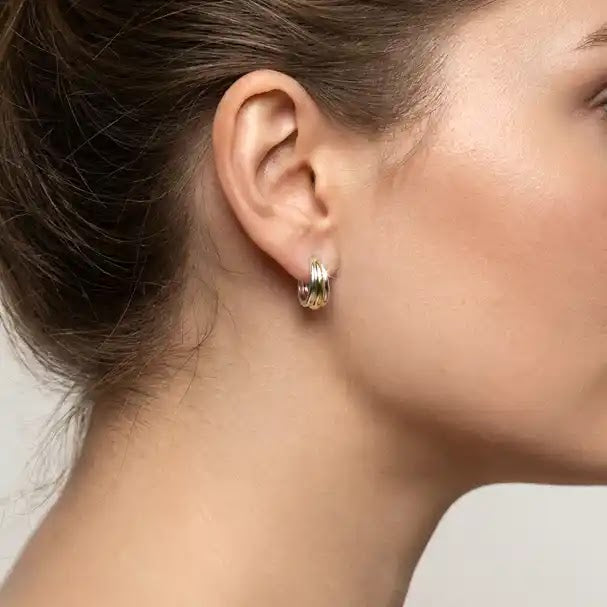 Two Tone Oval Huggie Earrings - worn on ear