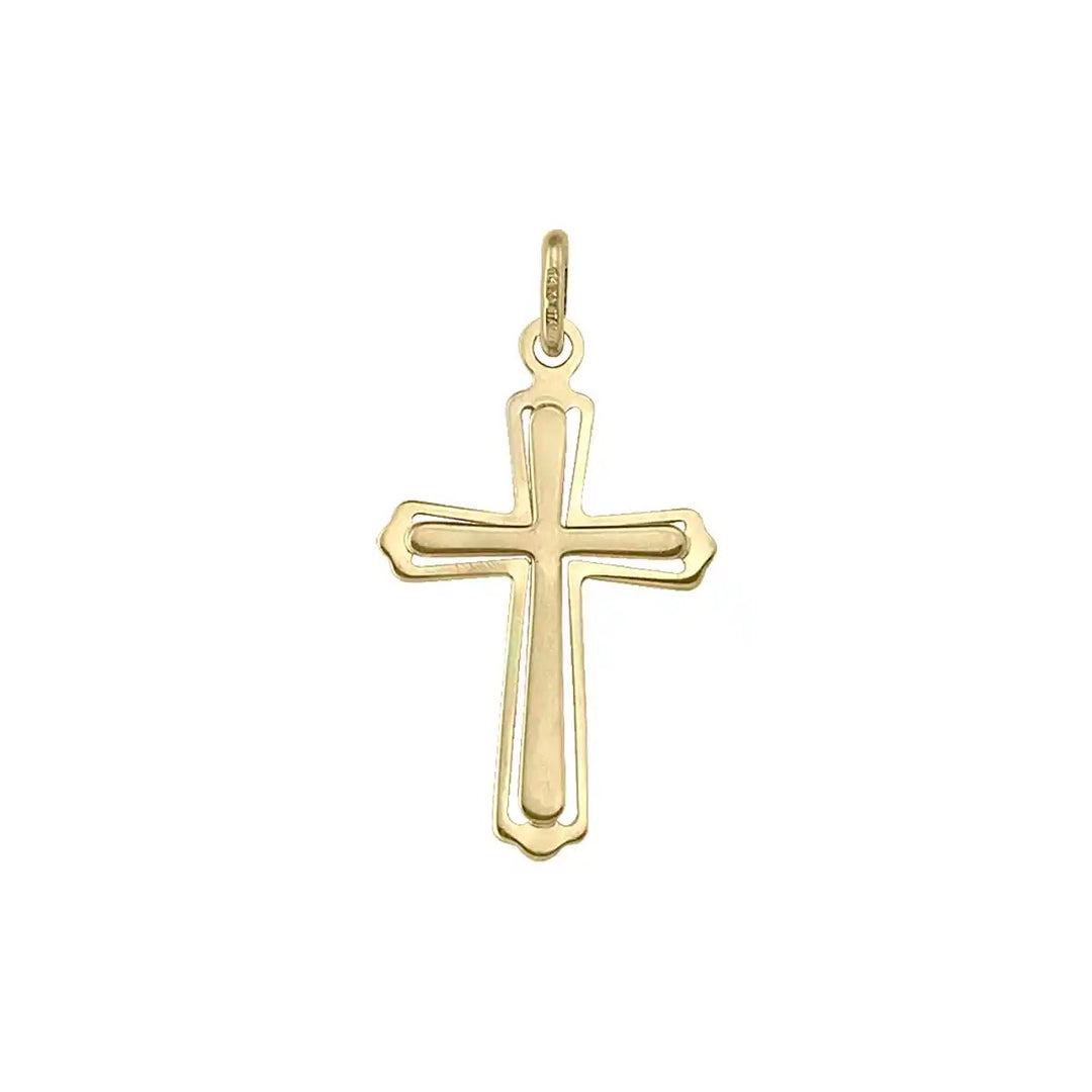 Layered Latin Yellow Gold Cross Pendant on white background
