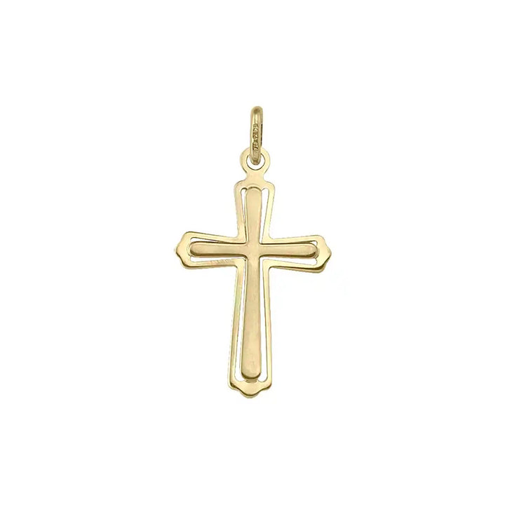 Layered Latin Yellow Gold Cross Pendant on white background