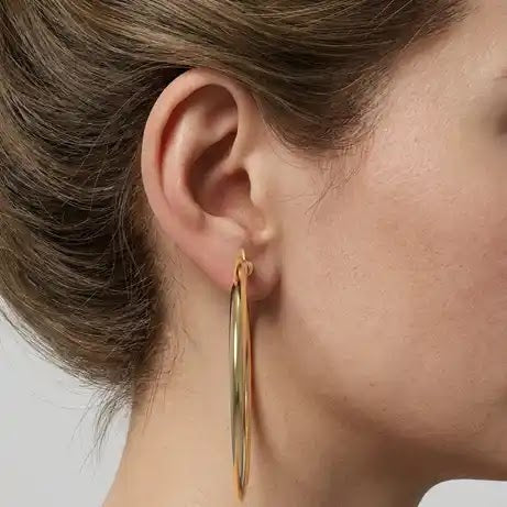 Yellow Gold Knife Edge Oval Hoop Earrings, 22.2mm - worn on ear