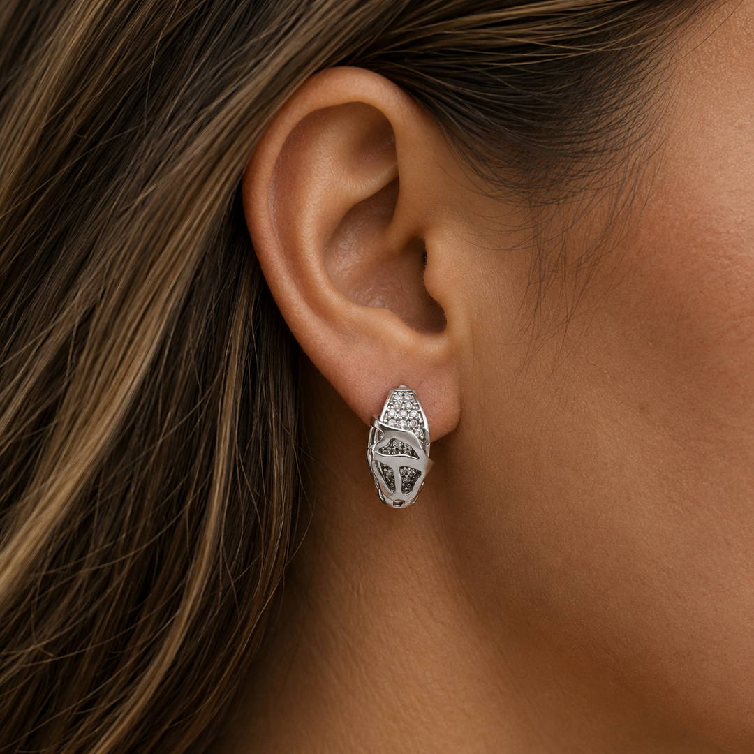 White Gold CZ Huggie Hoop Earrings, 13.8mm - worn on ear