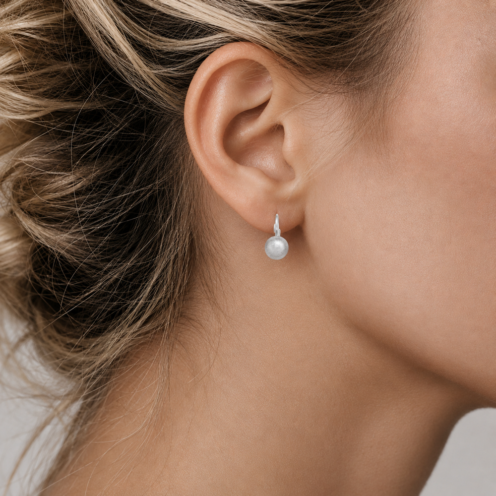 White Gold Satin Finish French Back Ball Earrings - worn on ear