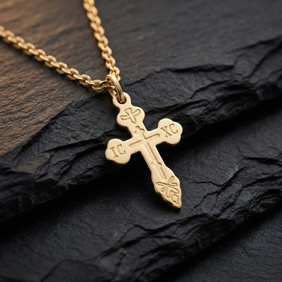 Three-Bar Orthodox Yellow Gold Cross Pendant on stone