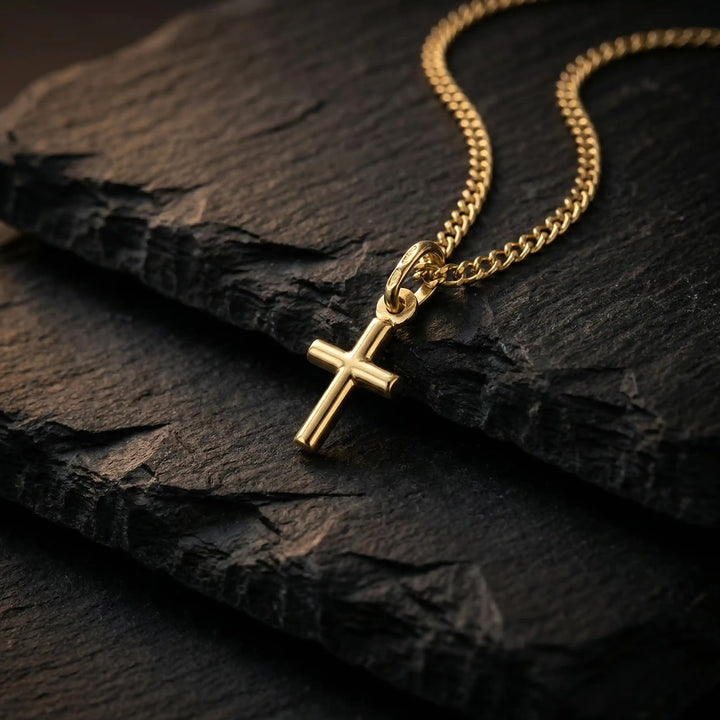 Minimal Latin Yellow Gold Cross Pendant on stone