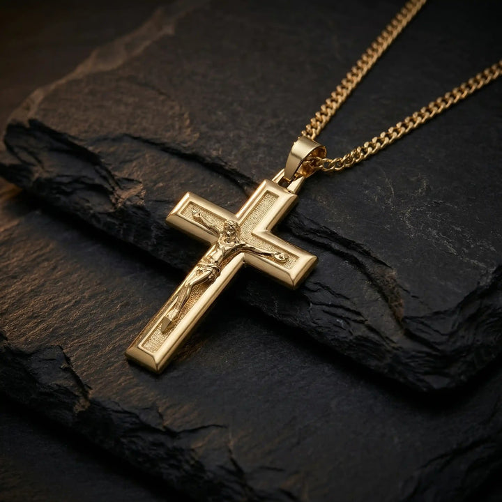 Latin Crucifix Yellow Gold Cross Pendant on stone