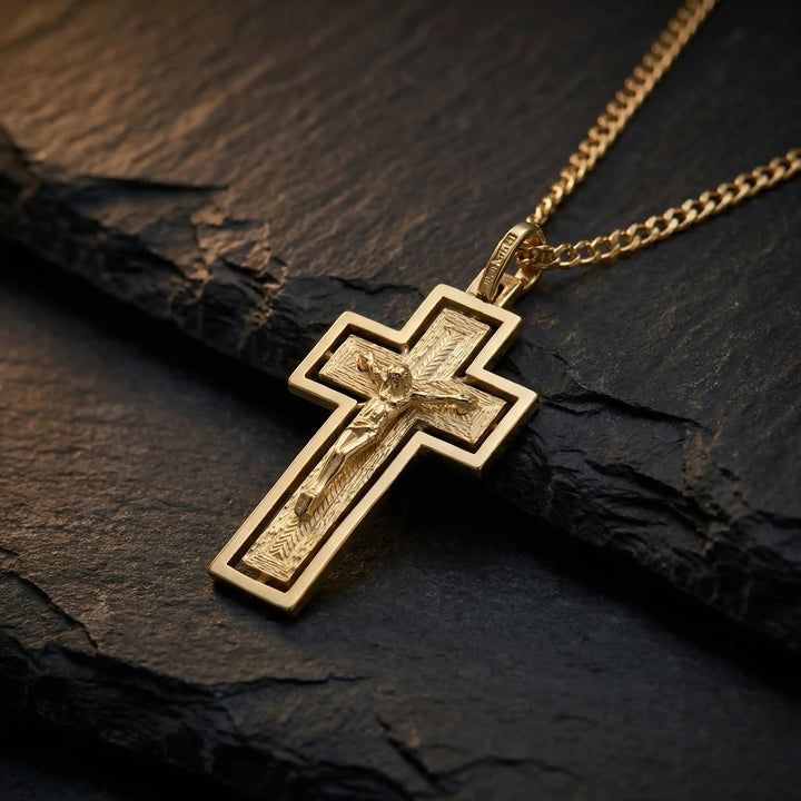 Latin Crucifix Yellow Gold Cross Pendant on stone