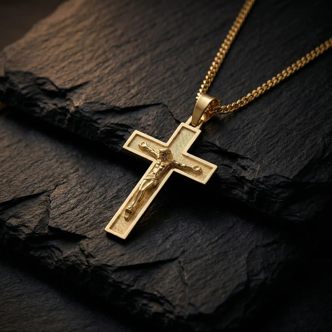 Latin Crucifix Yellow Gold Cross Pendant on stone