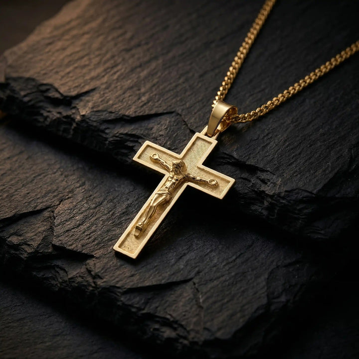 Latin Crucifix Yellow Gold Cross Pendant on stone