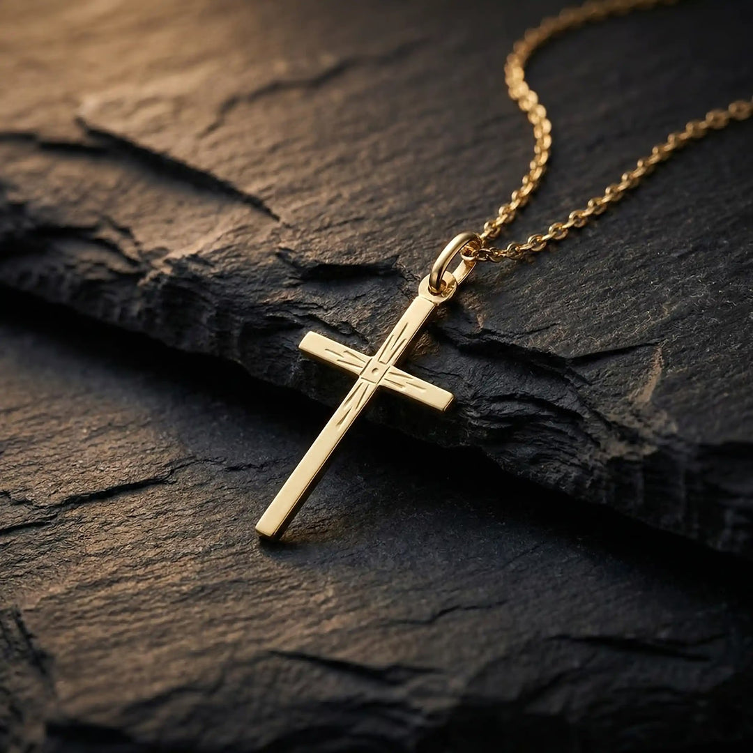 Engraved Latin Yellow Gold Cross Pendant on stone