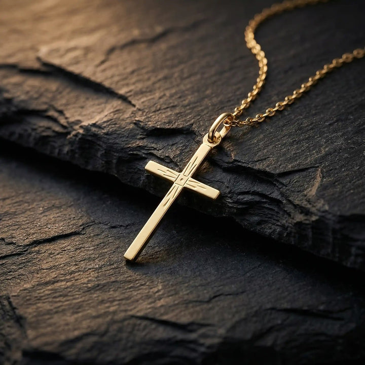 Engraved Latin Yellow Gold Cross Pendant on stone