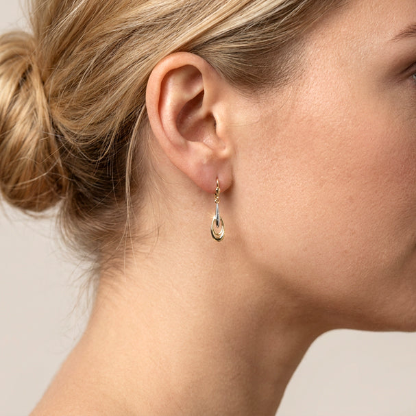 Two Tone Fancy Drop Earrings - worn on ear