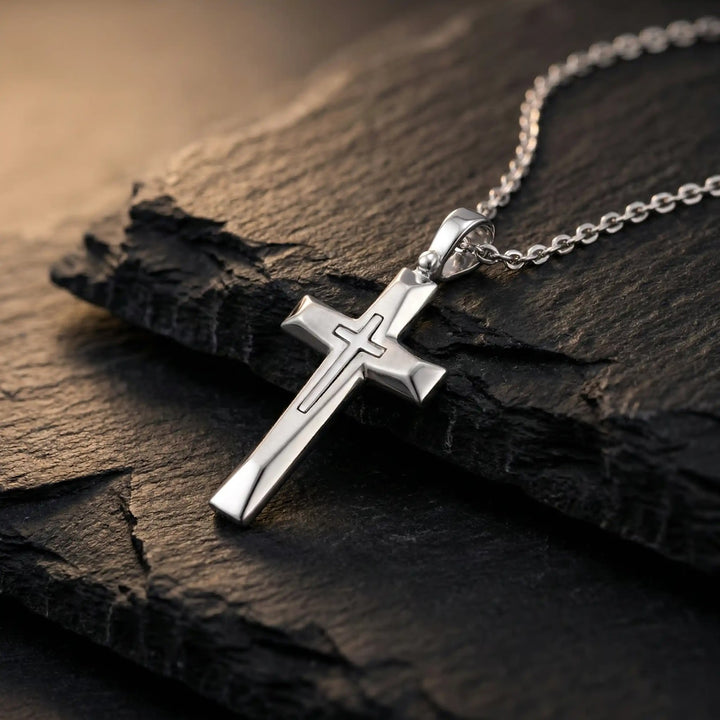 Beveled Latin White Gold Cross Pendant on stone