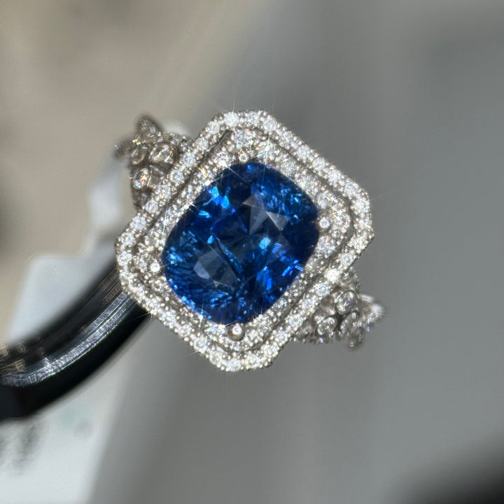 3.83ct natural cushion blue sapphire double halo ring in 14K white gold