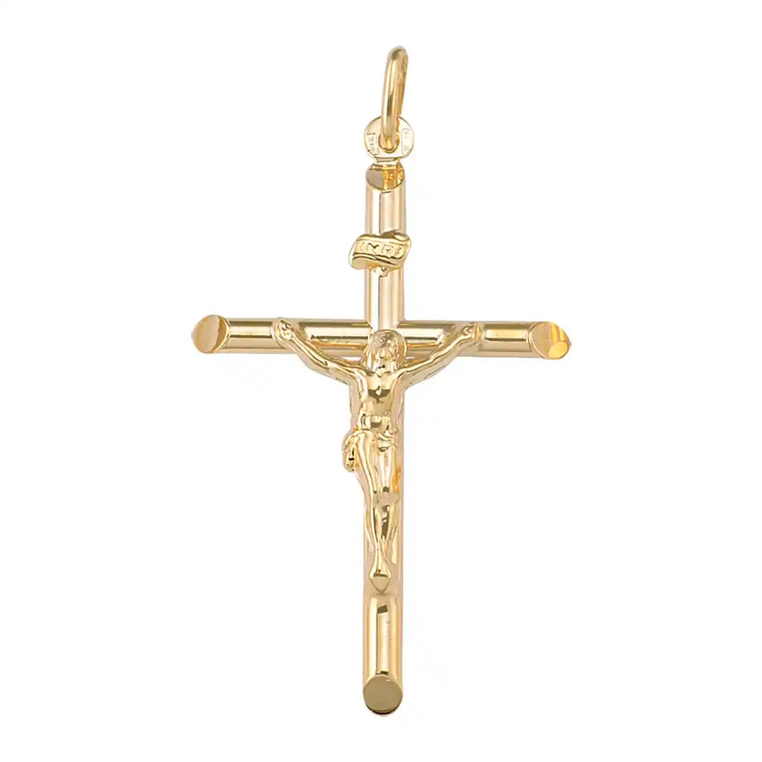 Tubular Crucifix Yellow Gold Cross Pendant on white background