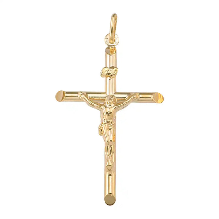 Tubular Crucifix Yellow Gold Cross Pendant on white background