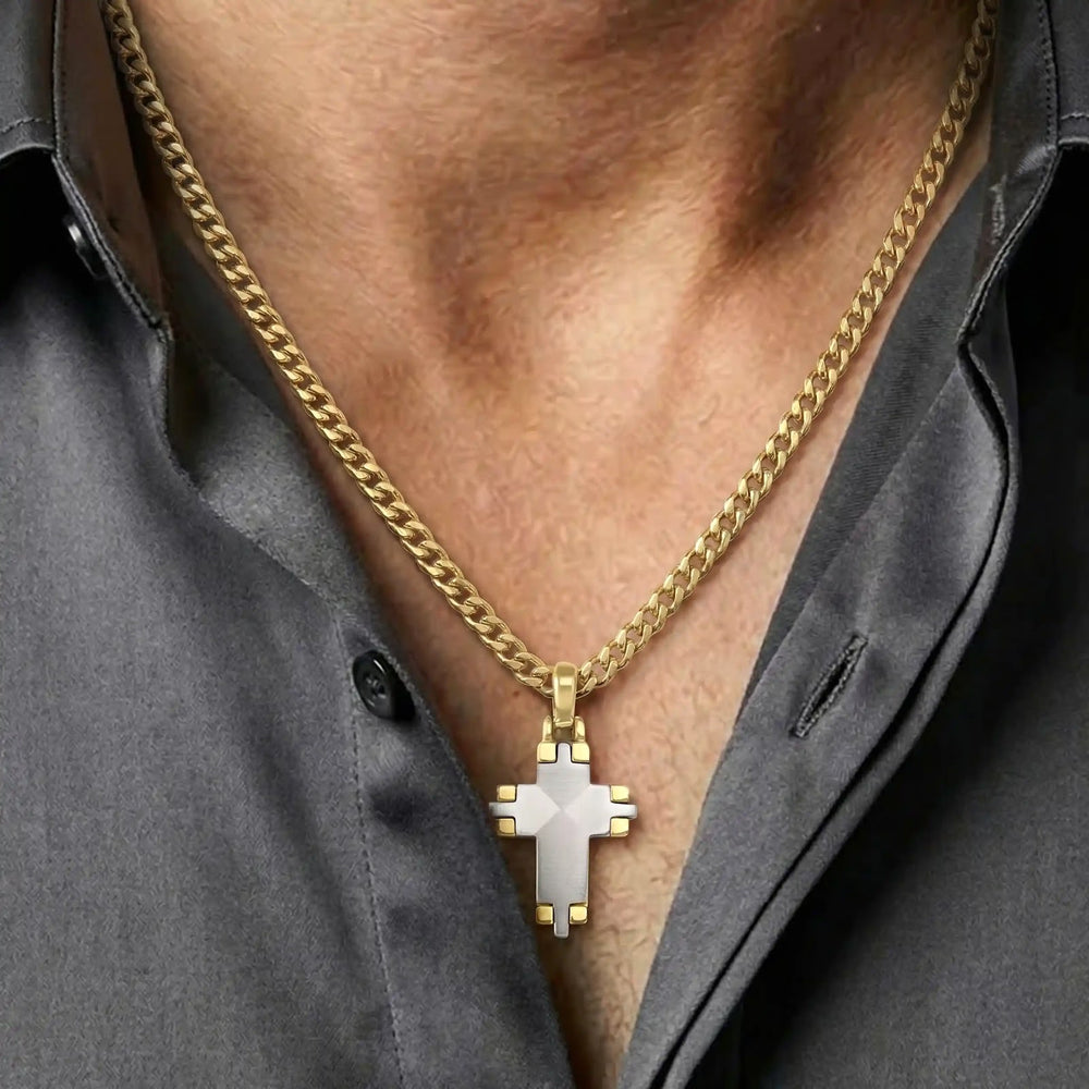 Modern Latin Two-Tone Gold Cross Pendant worn on mens chest