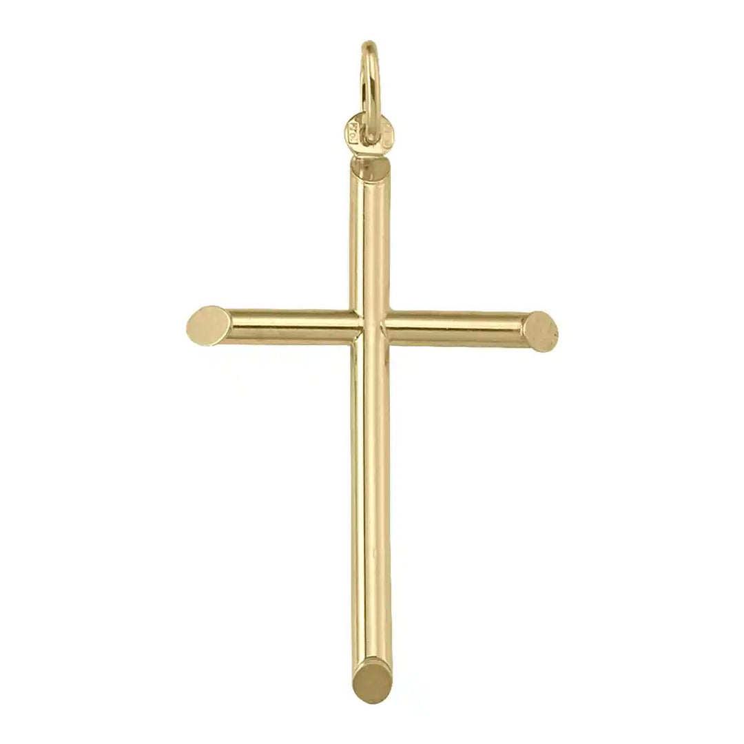 Tubular Latin Yellow Gold Cross Pendant on white background