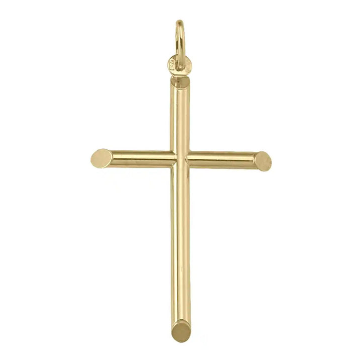 Tubular Latin Yellow Gold Cross Pendant on white background