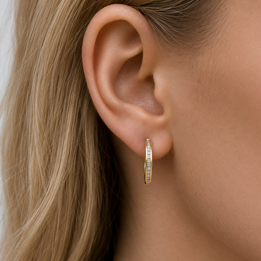 Yellow Gold CZ Hoop Earrings, 19mm - worn on ear