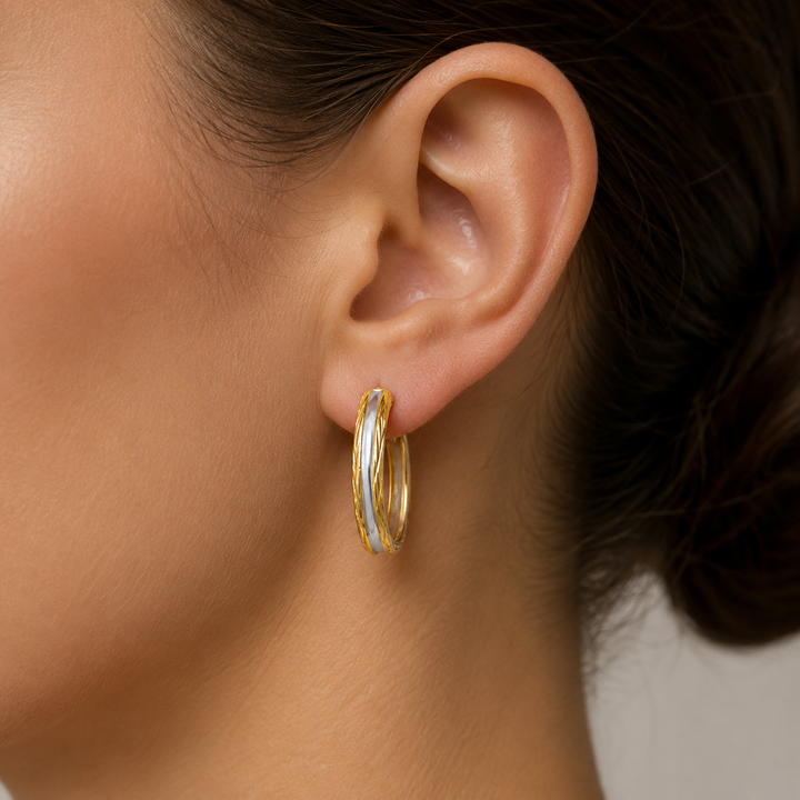 Two Tone Patterened Hoop Earrings, 17mm - worn on ear
