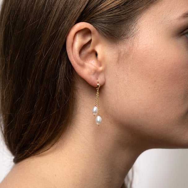 Two Tone Fancy Drop Earrings - worn on ear