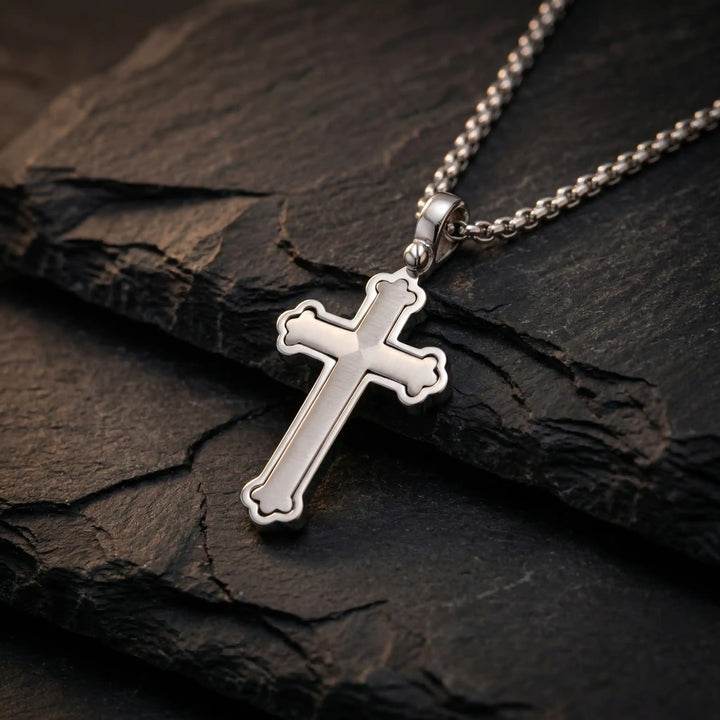 Budded Latin White Gold Cross Pendant on stone