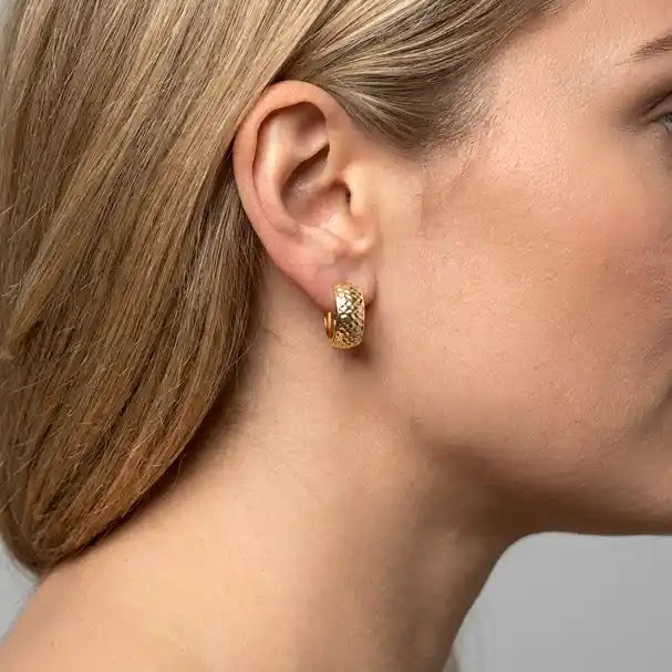 Yellow Gold Diamond Cut Domed Huggie Earrings - worn on ear