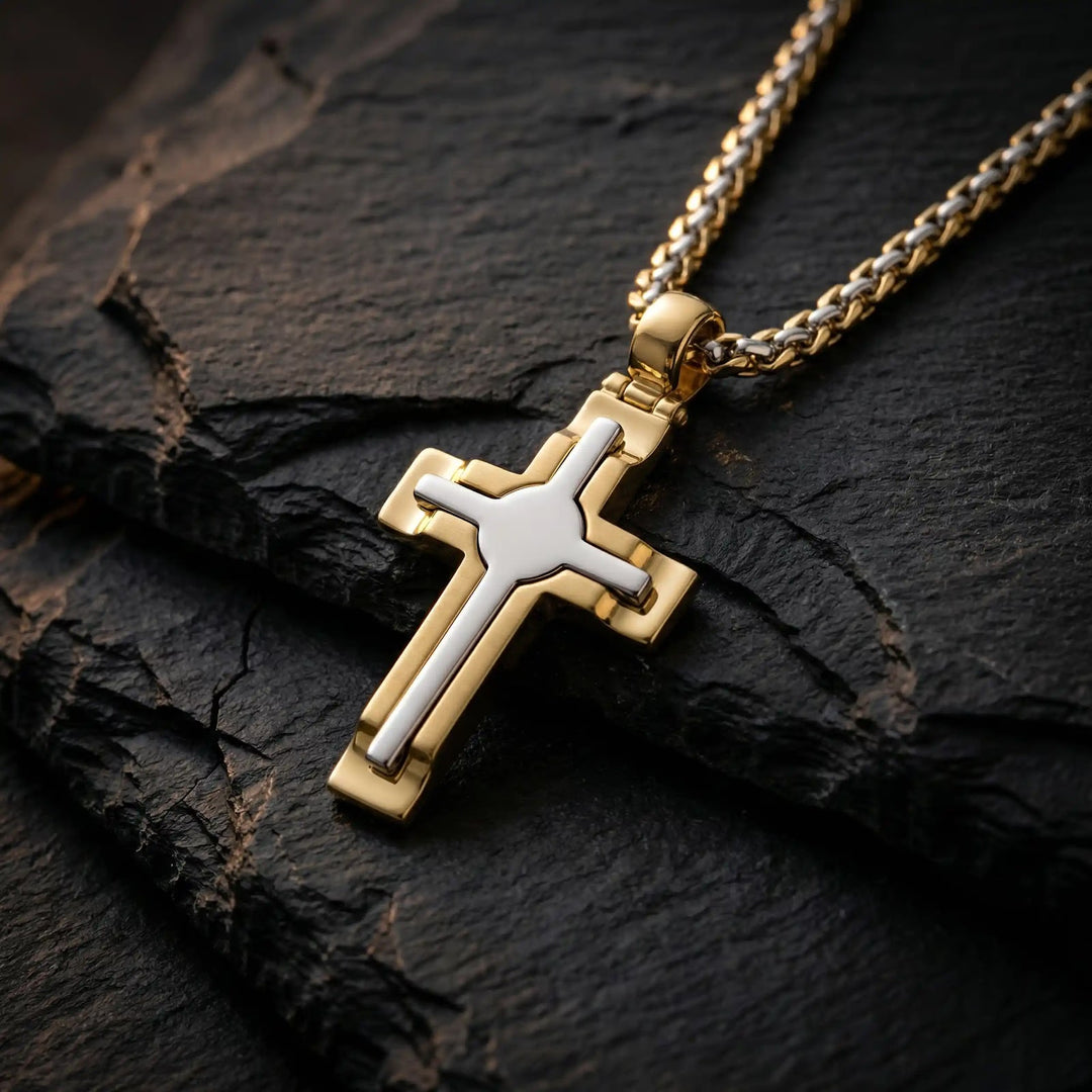 Two-Tone Latin Two-Tone Gold Cross Pendant on stone