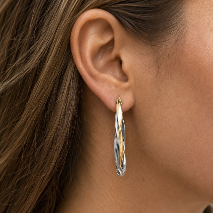 Two Tone Oval Fancy Hoop Earrings, 19.4mm - worn on ear