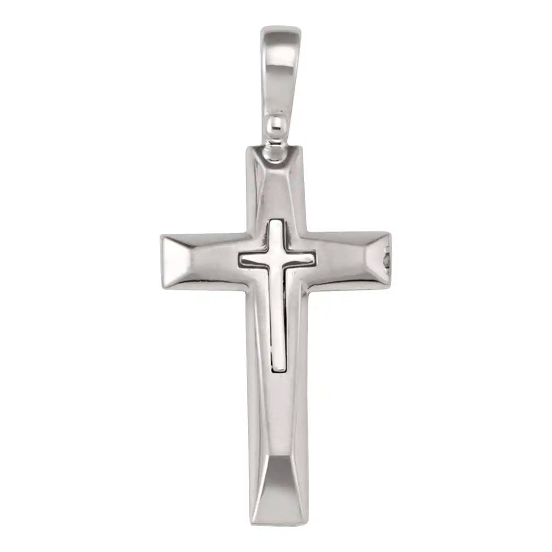 Beveled Latin White Gold Cross Pendant on white background
