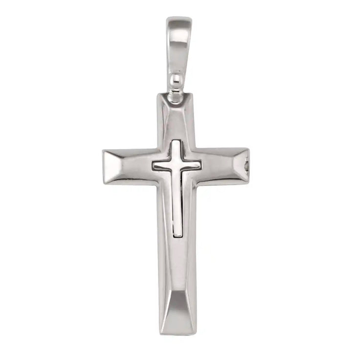 Beveled Latin White Gold Cross Pendant on white background