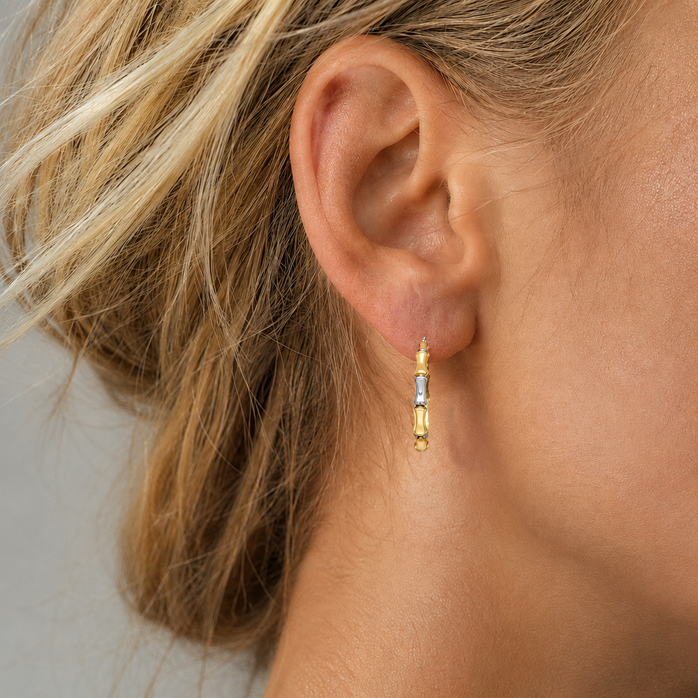 Two Tone Bamboo Design Hoop Earrings, 25.5mm - worn on ear