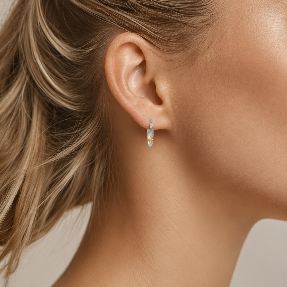 Two Tone Patterned Knife Edge Hoop Earrings, 17.3mm - worn on ear