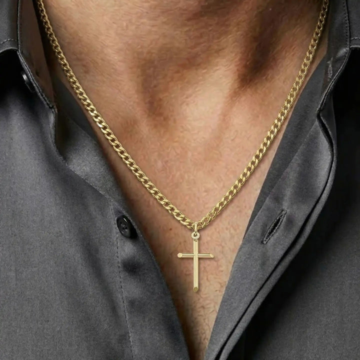 Tubular Latin Yellow Gold Cross Pendant worn on mens chest