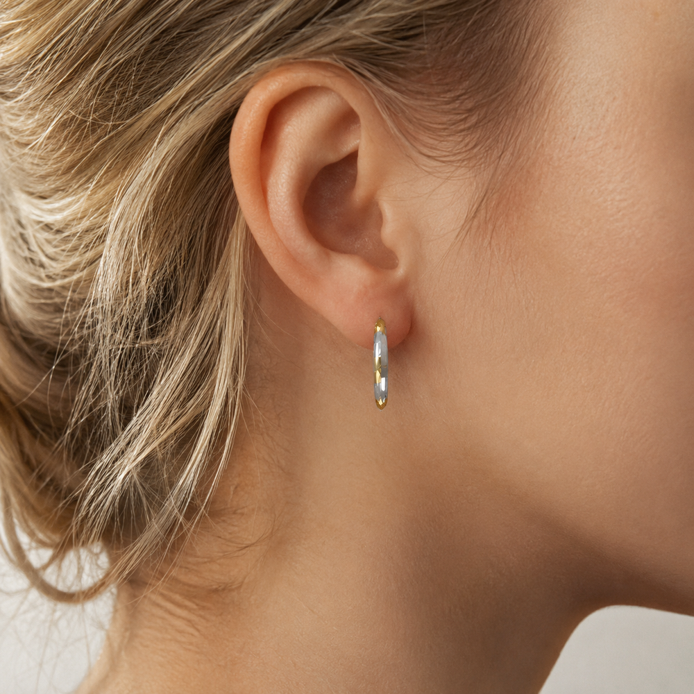 Two Tone Patterned Knife Edge Hoop Earrings, 22.5mm - worn on ear