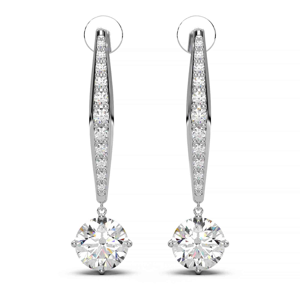 Elegant 2 ct lab-grown diamond dangling earrings in 14k yellow gold, featuring VS1 clarity and E color diamonds with small accent stones.