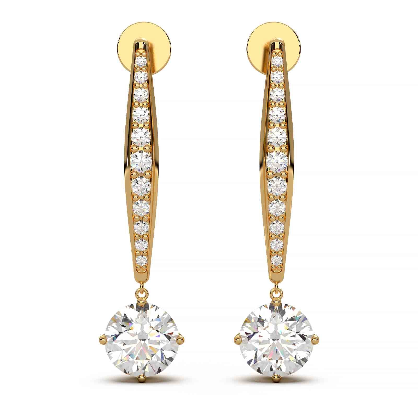 Elegant 2 ct lab-grown diamond dangling earrings in 14k yellow gold, featuring VS1 clarity and E color diamonds with small accent stones.