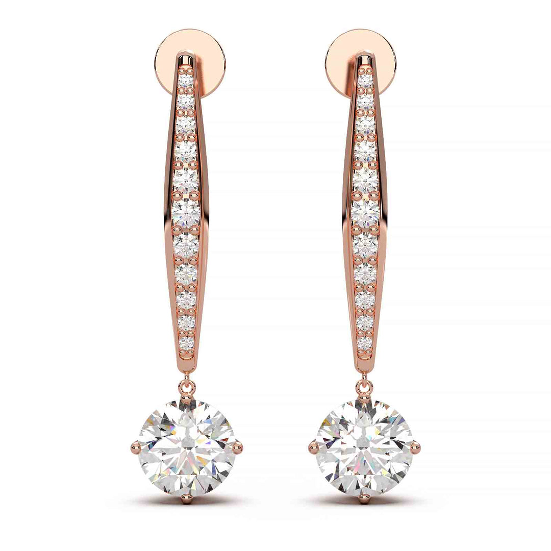 Elegant 2 ct lab-grown diamond dangling earrings in 14k yellow gold, featuring VS1 clarity and E color diamonds with small accent stones.