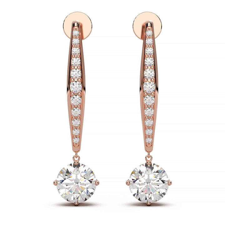 Elegant 2 ct lab-grown diamond dangling earrings in 14k yellow gold, featuring VS1 clarity and E color diamonds with small accent stones.